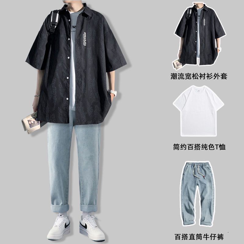 ﹉Cậu bé nắng mùa hè bộ đồ giản dị in áo sơ mi nam ngắn tay hợp thời trang với quần jean một bộ áo sơ mi đẹp trai