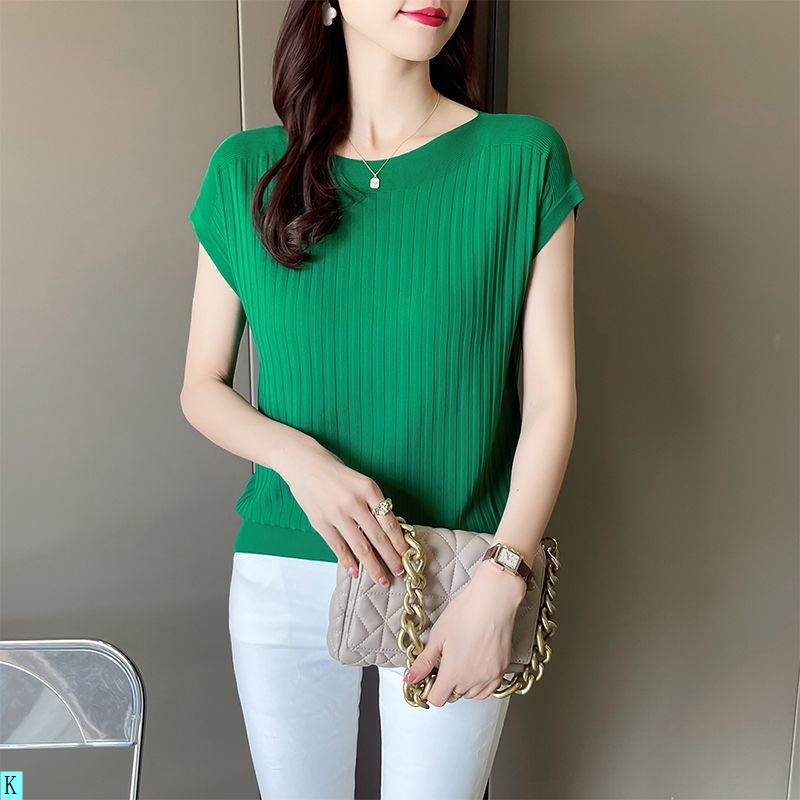 Áo Thun Lụa Lạnh Mỏng Mùa Hè 2023 Dáng Rộng Tay Cộc Cổ Phẳng Đan Len Màu Xanh Lá Phong Cách Mới Cho Nữ 2
