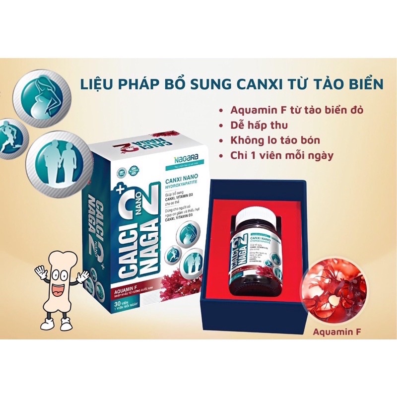 Calci Naga Nano 2+ Bổ sung canxi tảo biển cho người lớn, phụ nữ có thai, cho con bú, người già loãng xương