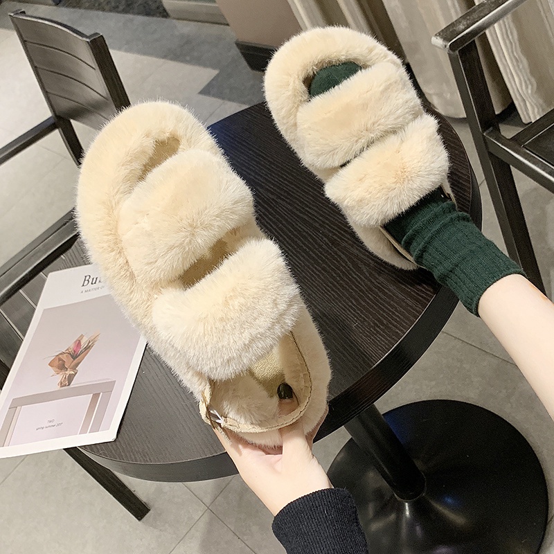 Ins Giày Sandal Đế Phẳng Dày Hai Quai Ngang Đế Phẳng Có Khóa Cài Cho Nữ We