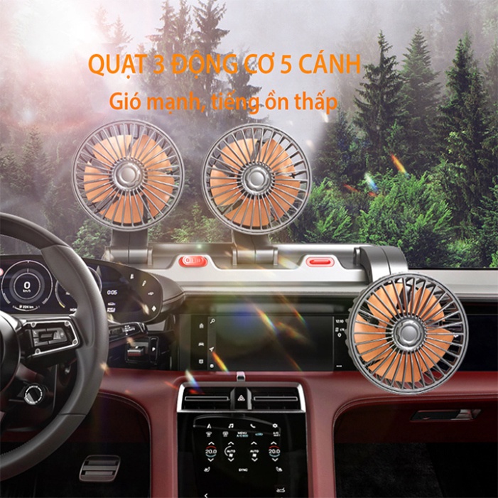 Quạt mini ô tô 3 đầu đa năng xoay 360 độ, quạt xe hơi cắm đầu cắm tẩu 12v