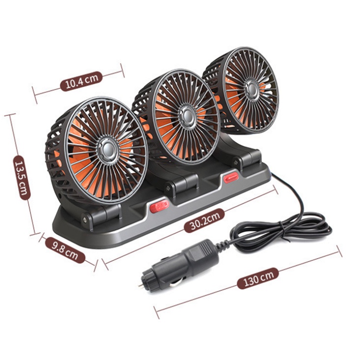 Quạt mini ô tô 3 đầu đa năng xoay 360 độ, quạt xe hơi cắm đầu cắm tẩu 12v