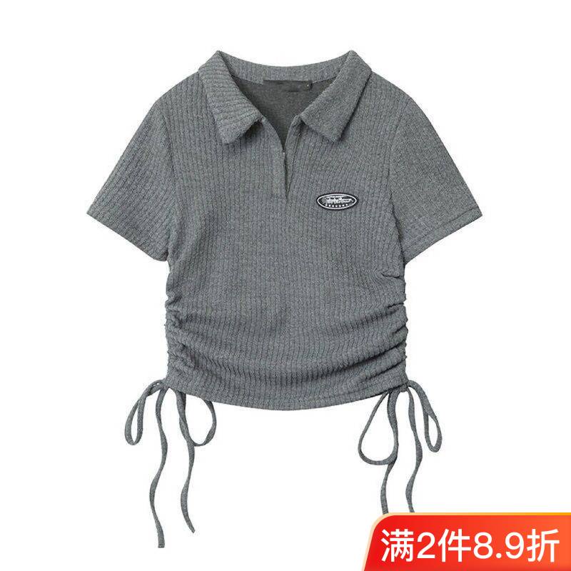 Áo Thun Ngắn Tay Cổ Bẻ Xếp Ly Cột Dây Mẫu Mới 2023 Phong Cách Retro Thời Trang Mùa Hè Cho Nữ