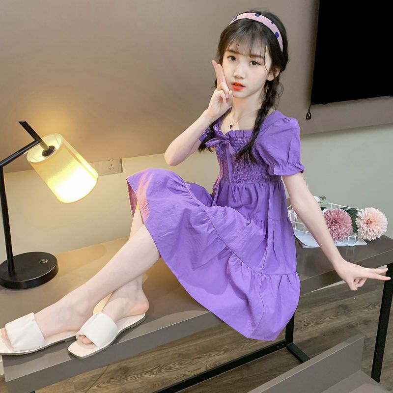 Đầm Công Chúa Mùa Hè 2021 Bằng Vải Voan Tay Phồng Màu Tím Thời Trang Cho Bé Gái