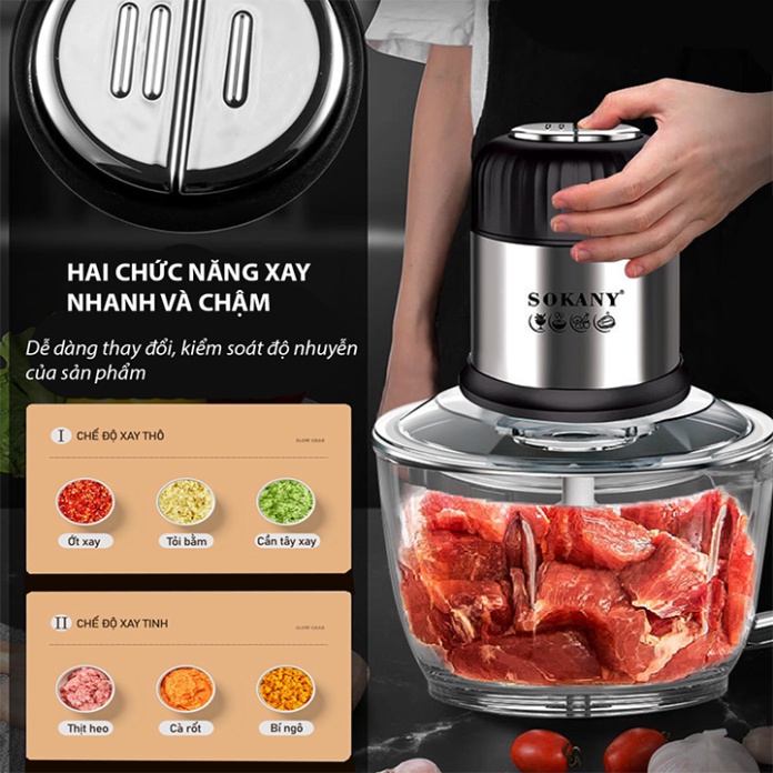 Máy xay thịt cá, xay hành tỏi đa năng 800W cối thủy tinh