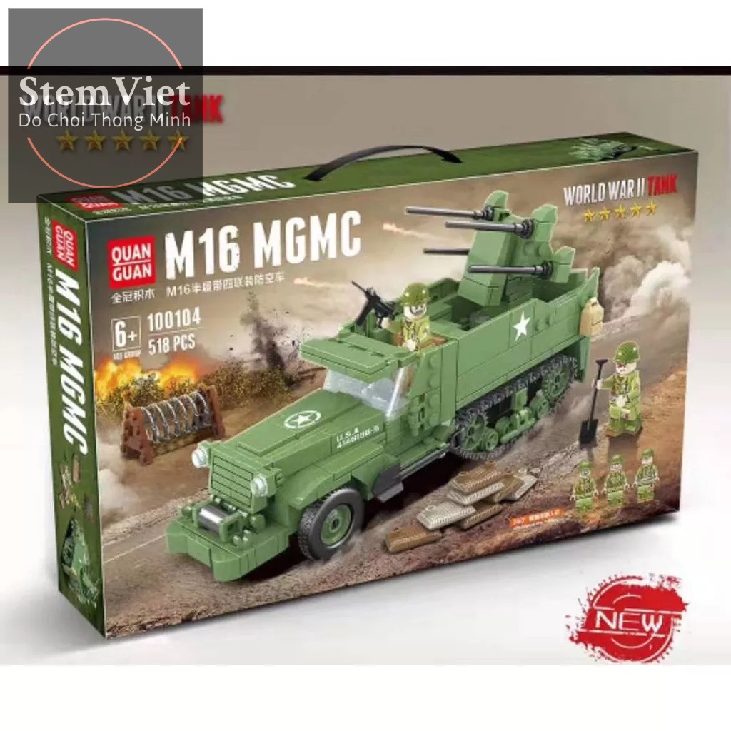 Đồ chơi xếp hình Xe Phòng Không Bốn Bánh Tự Hành M16 QUANGUAN 100104, mô hình lắp ráp thông minh