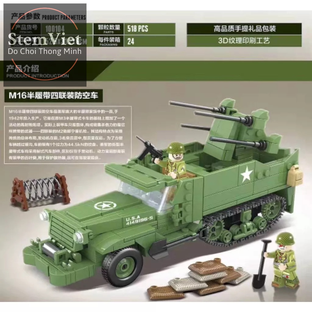 Đồ chơi xếp hình Xe Phòng Không Bốn Bánh Tự Hành M16 QUANGUAN 100104, mô hình lắp ráp thông minh