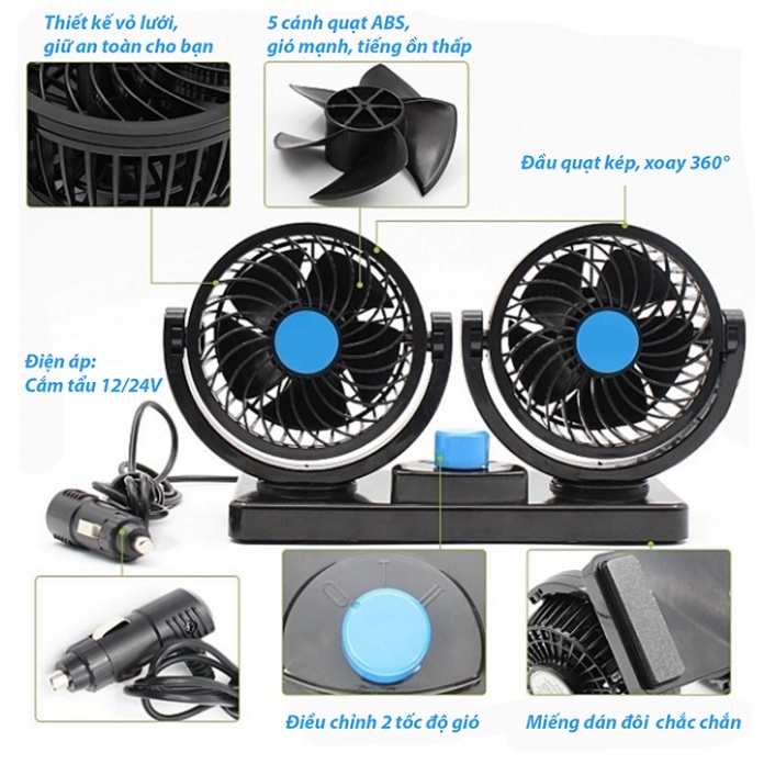 Quạt đôi ô tô xoay 360 độ trên ô tô USB 5V và trong gia đình bàn làm việc