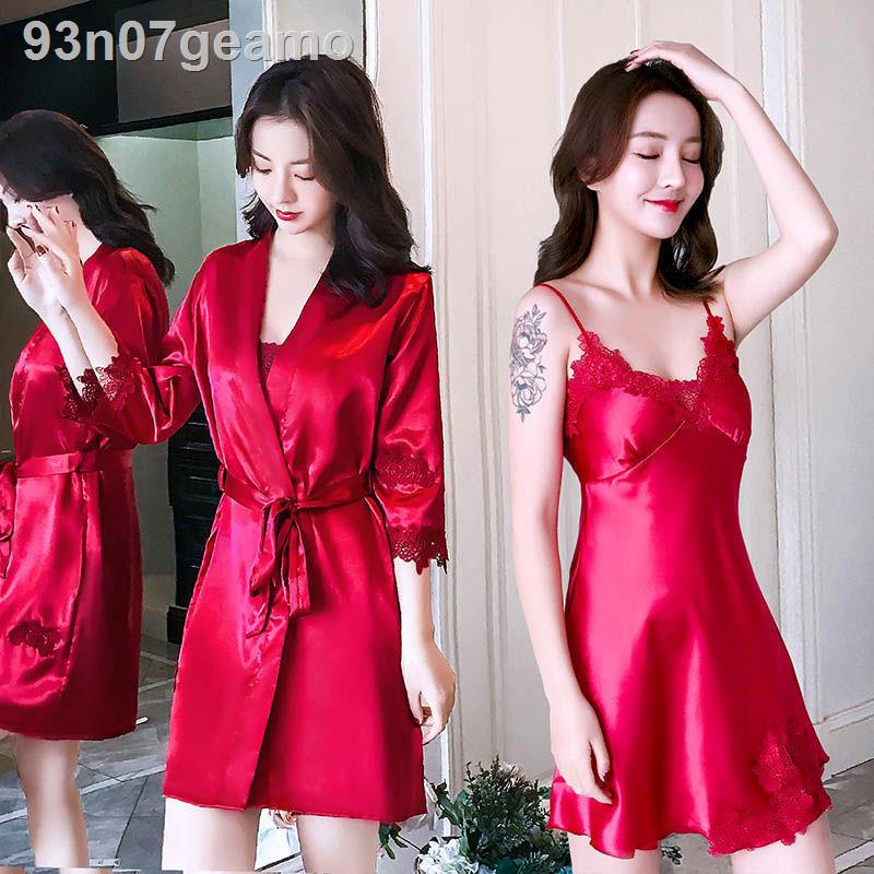 ✣☃❈Bộ đồ ngủ màu đen mùa hè của phụ nữ gợi cảm băng lụa hai mảnh treo váy dài tay xuân và thu quần áo m