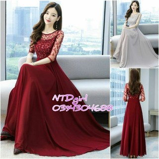 Hàng nhập - Đầm dáng xòe maxi voan phối ren hoa, váy dự tiệc cổ thuyền tay lỡ sang trọng