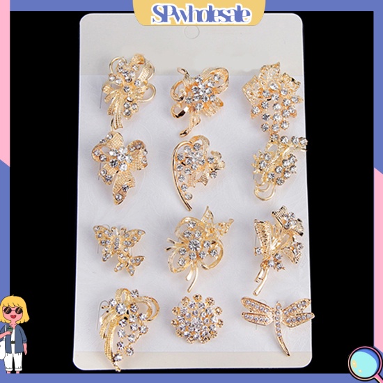 {SPwholesale} Bộ 12 ghim cài áo hình hoa bướm đính đá thời trang cho nữ