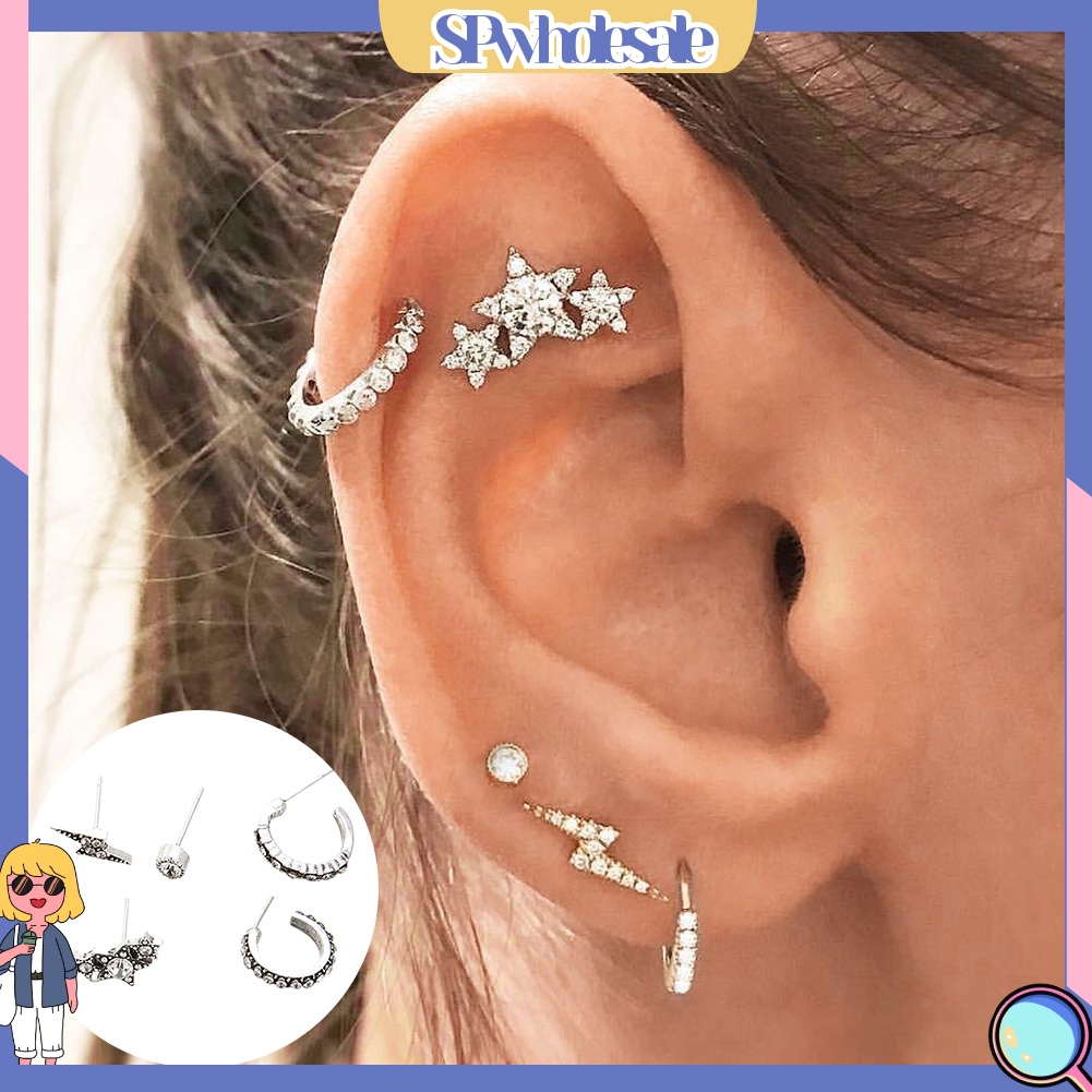 {SPwholesale} Bộ 5 Khuyên Tai Đính Đá Nhân Tạo Lấp Lánh Thiết Kế Sang Trọng Dành Cho Nữ