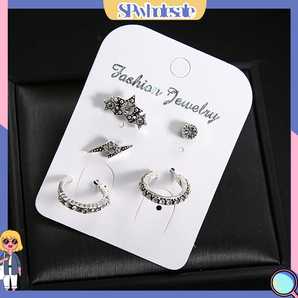 {SPwholesale} Bộ 5 Khuyên Tai Đính Đá Nhân Tạo Lấp Lánh Thiết Kế Sang Trọng Dành Cho Nữ