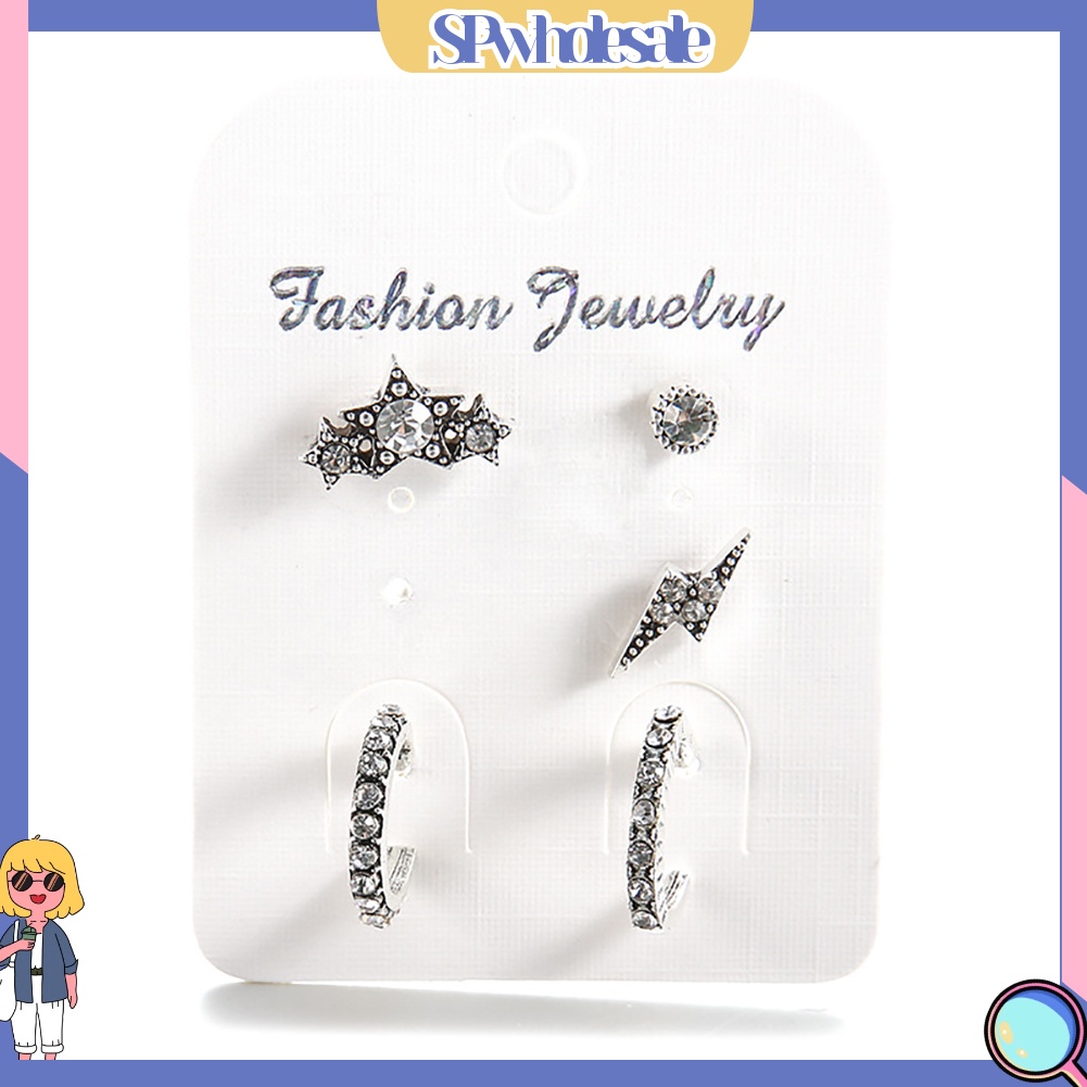 {SPwholesale} Bộ 5 Khuyên Tai Đính Đá Nhân Tạo Lấp Lánh Thiết Kế Sang Trọng Dành Cho Nữ