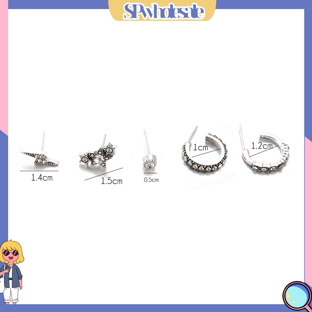 {SPwholesale} Bộ 5 Khuyên Tai Đính Đá Nhân Tạo Lấp Lánh Thiết Kế Sang Trọng Dành Cho Nữ