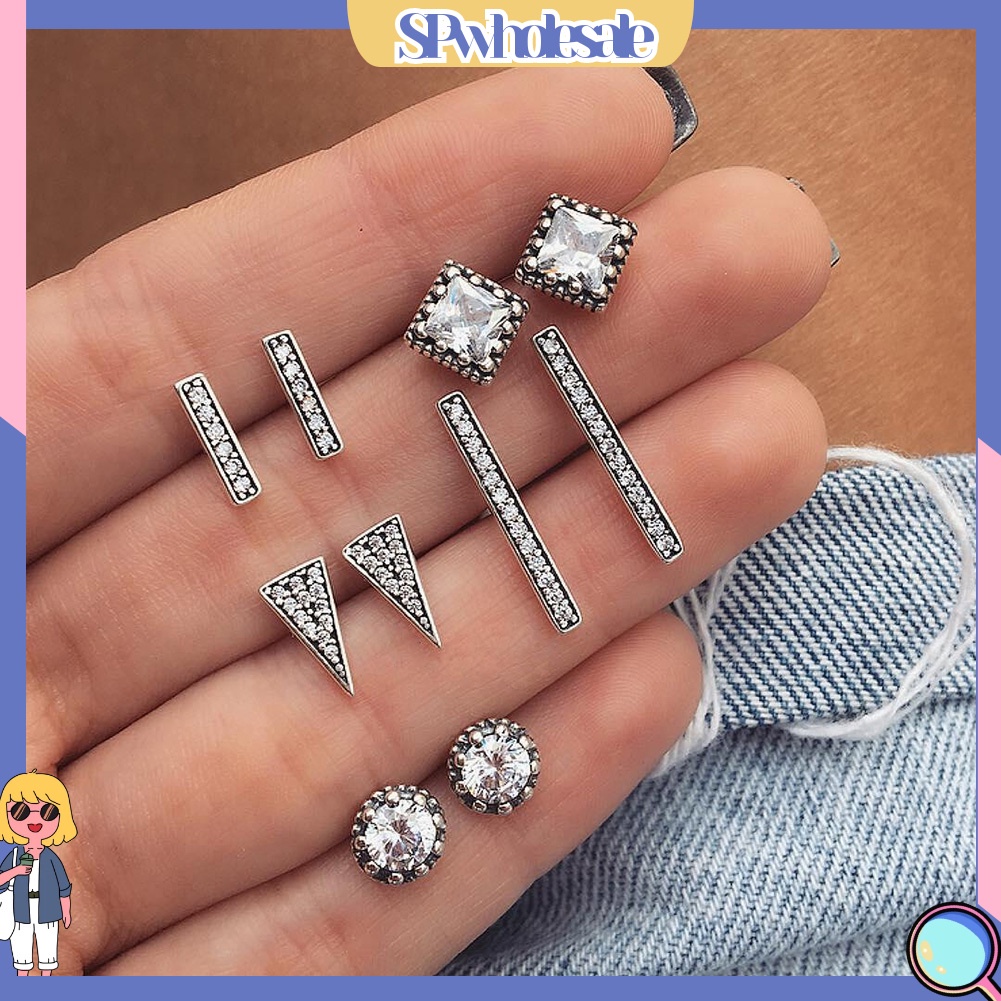 {SPwholesale} Set 5 đôi bông tai đính đá kiểu dáng hình học thời trang