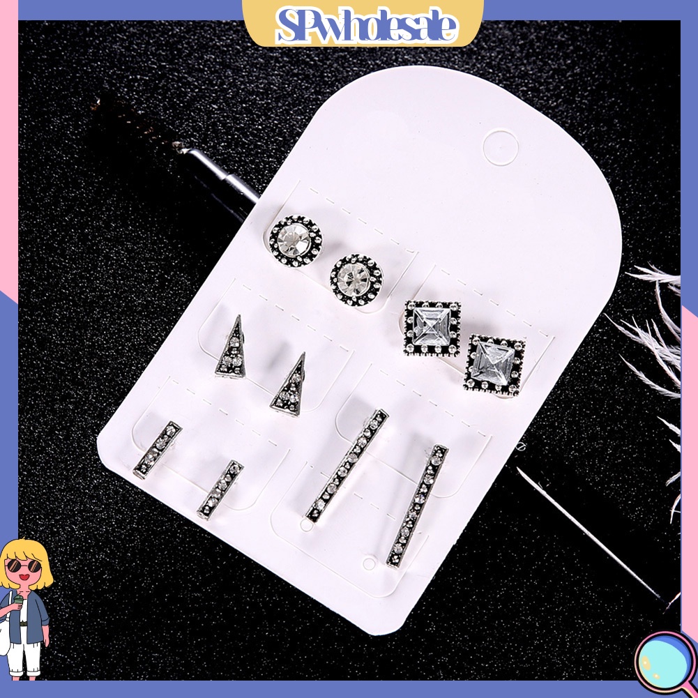 {SPwholesale} Set 5 đôi bông tai đính đá kiểu dáng hình học thời trang