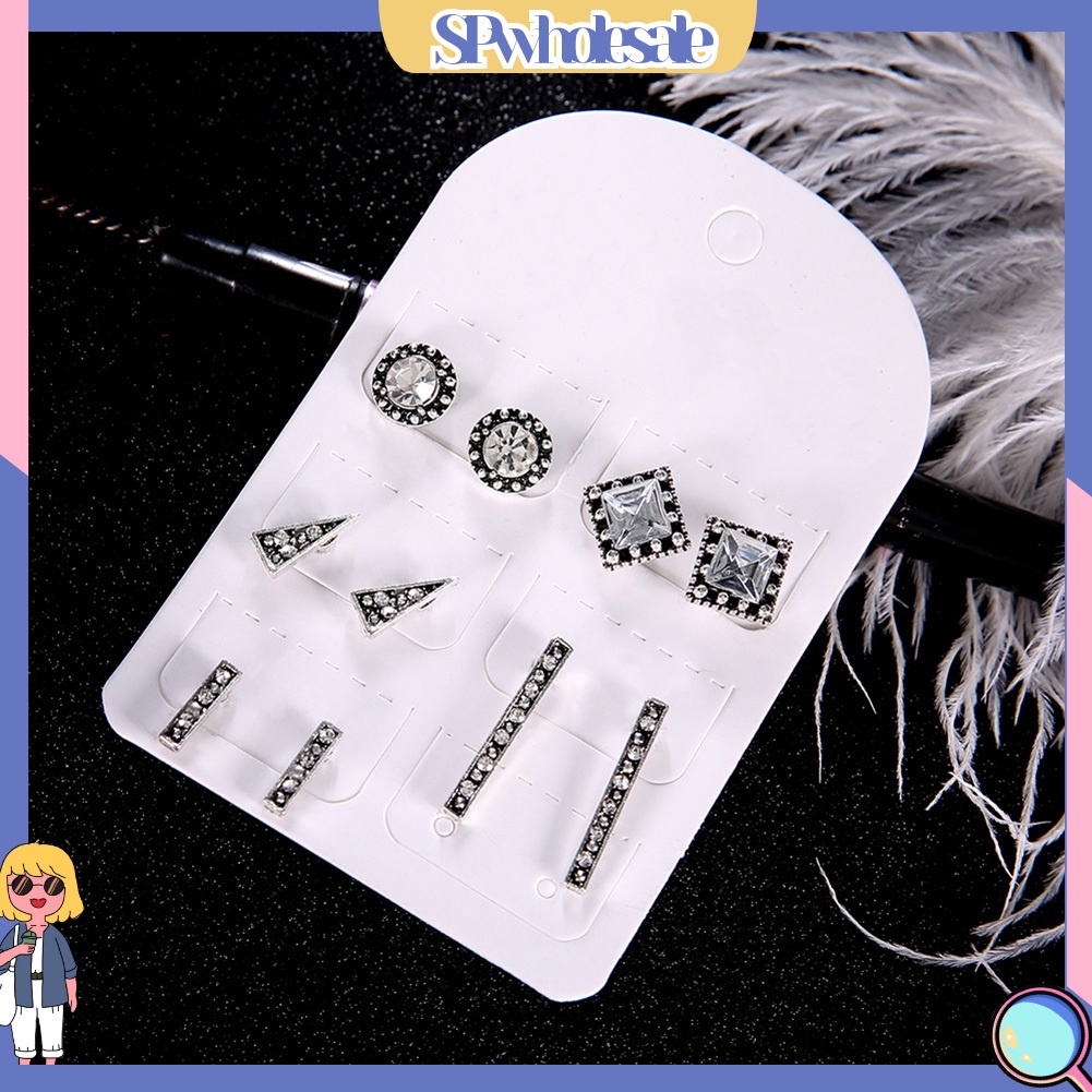 {SPwholesale} Set 5 đôi bông tai đính đá kiểu dáng hình học thời trang