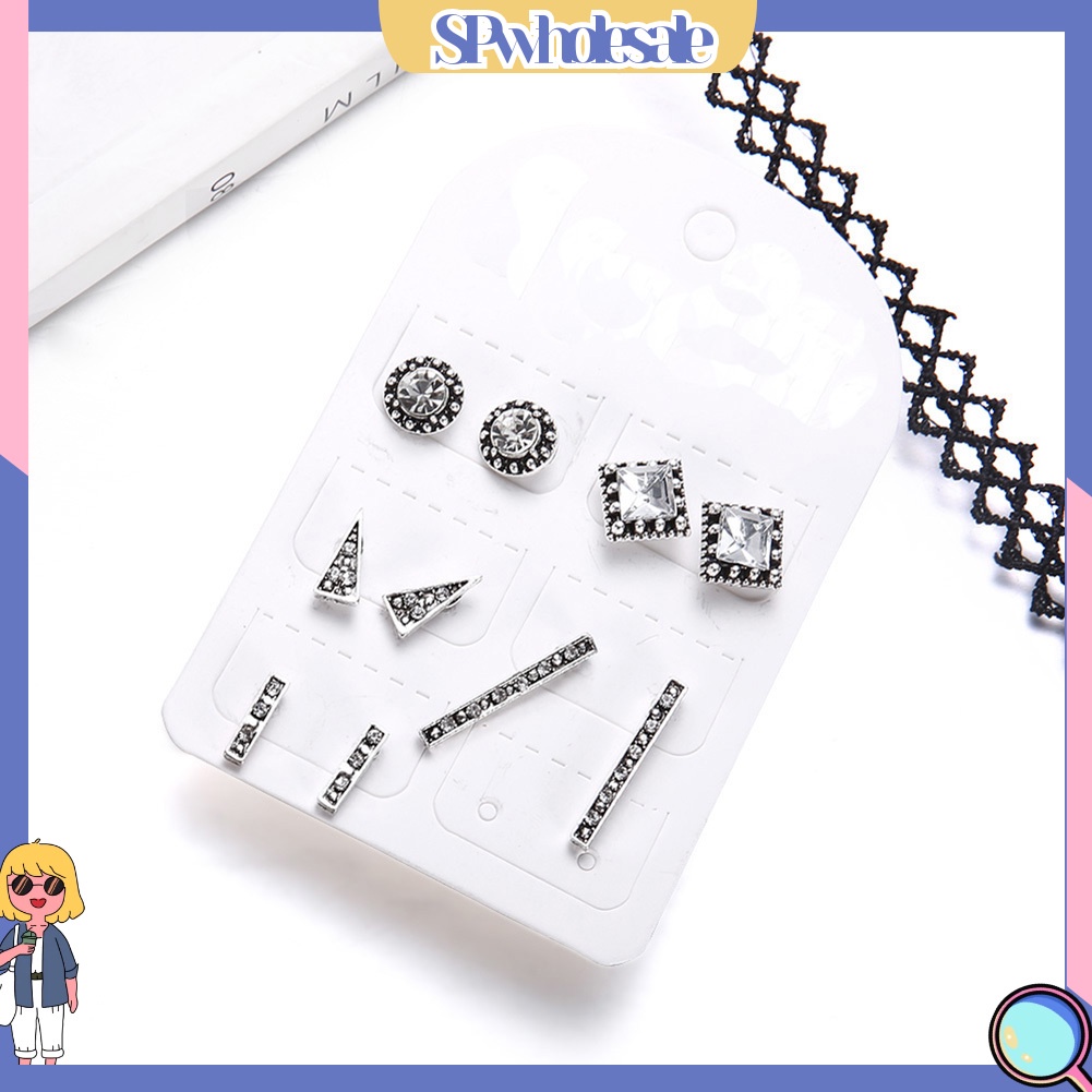 {SPwholesale} Set 5 đôi bông tai đính đá kiểu dáng hình học thời trang