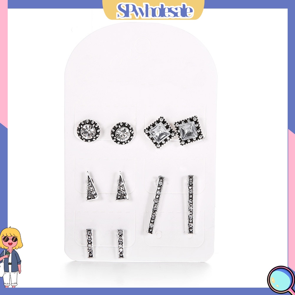 {SPwholesale} Set 5 đôi bông tai đính đá kiểu dáng hình học thời trang