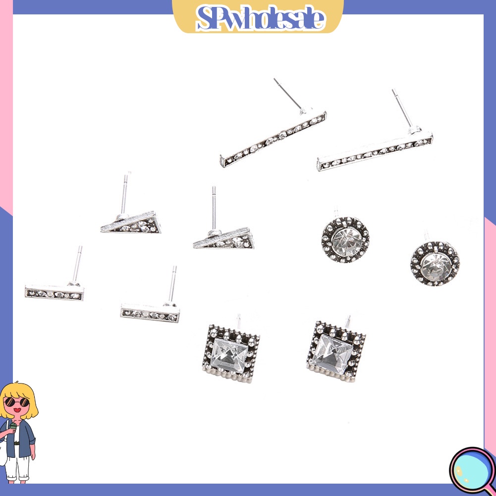 {SPwholesale} Set 5 đôi bông tai đính đá kiểu dáng hình học thời trang