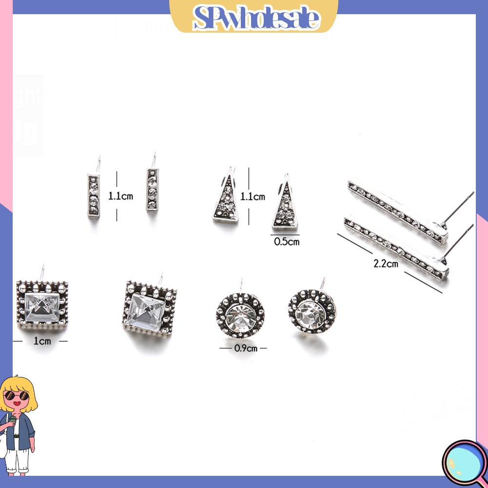 {SPwholesale} Set 5 đôi bông tai đính đá kiểu dáng hình học thời trang