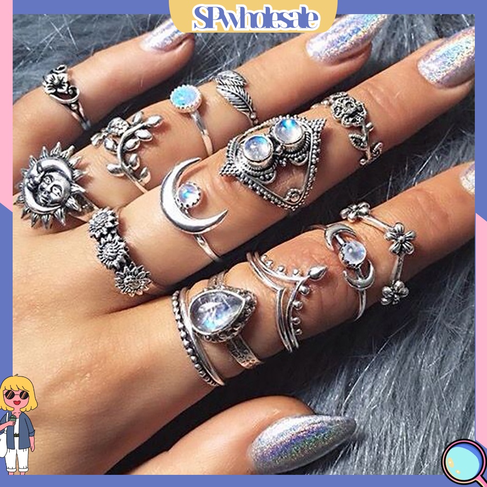 {SPwholesale} Set 14 nhẫn đeo tay đính đá nhân tạo phong cách vintage