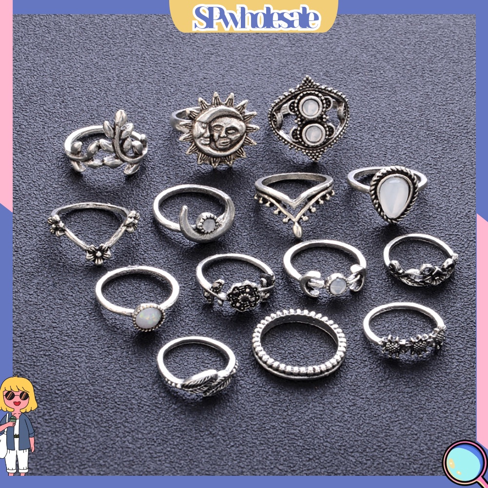 {SPwholesale} Set 14 nhẫn đeo tay đính đá nhân tạo phong cách vintage