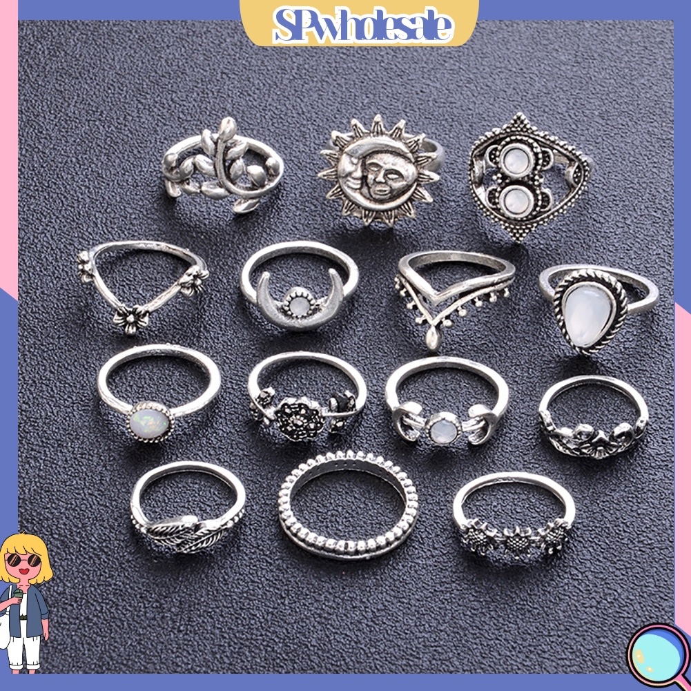 {SPwholesale} Set 14 nhẫn đeo tay đính đá nhân tạo phong cách vintage