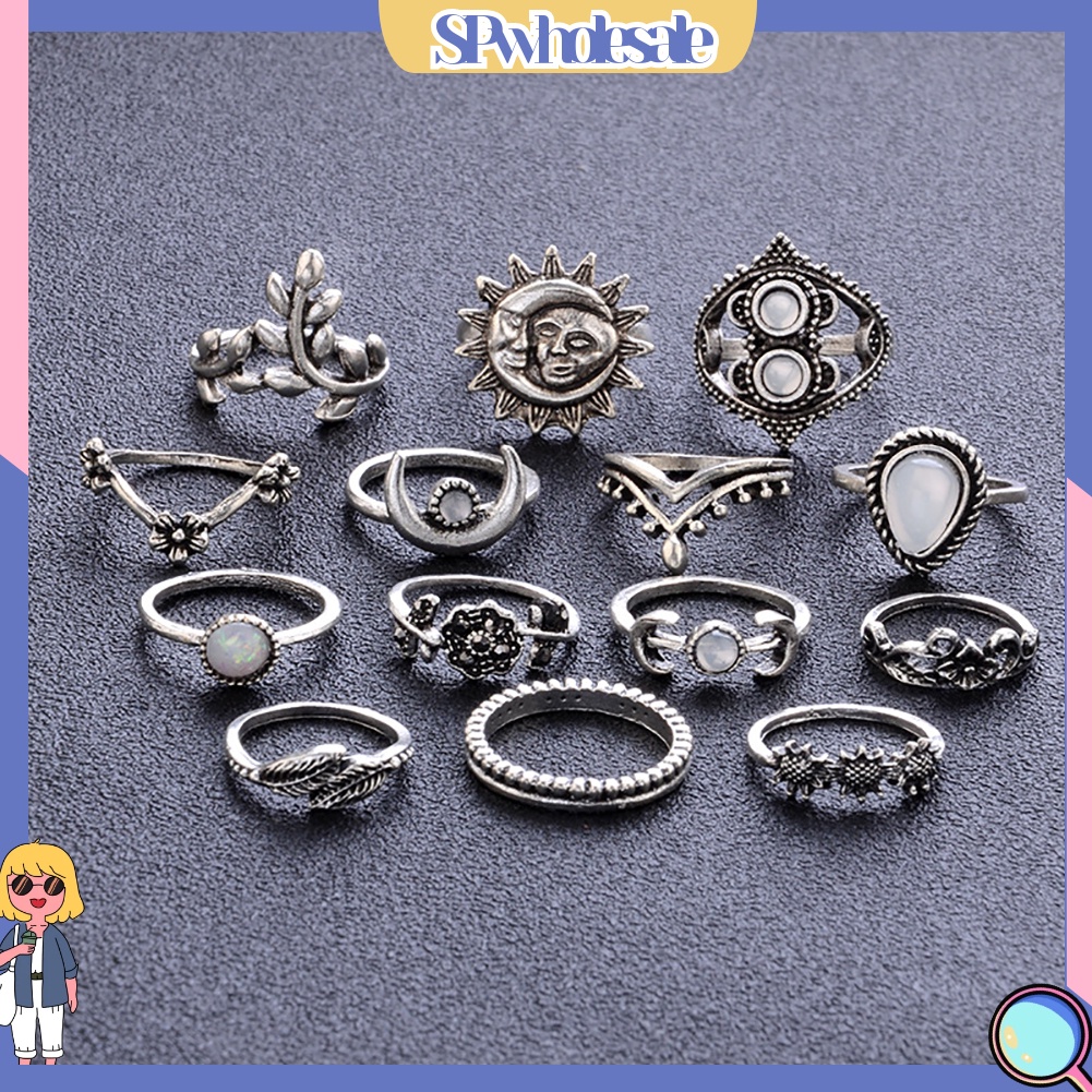 {SPwholesale} Set 14 nhẫn đeo tay đính đá nhân tạo phong cách vintage