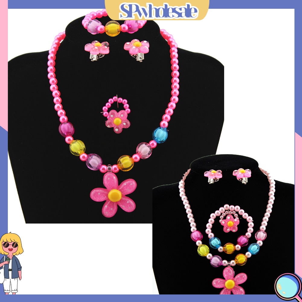 {SPwholesale} Bộ 5 món đồ trang sức phối hạt tròn và mặt hình hoa nhiều màu sắc cho bé gái