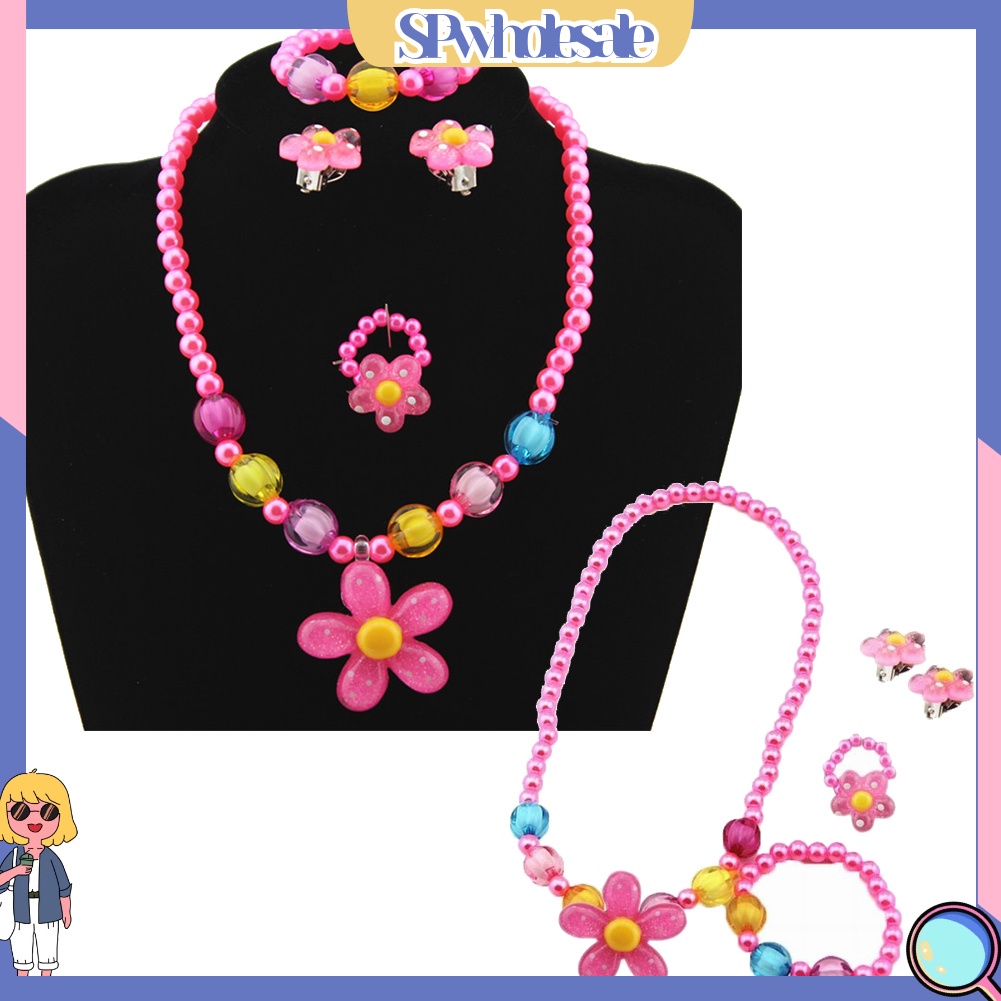 {SPwholesale} Bộ 5 món đồ trang sức phối hạt tròn và mặt hình hoa nhiều màu sắc cho bé gái
