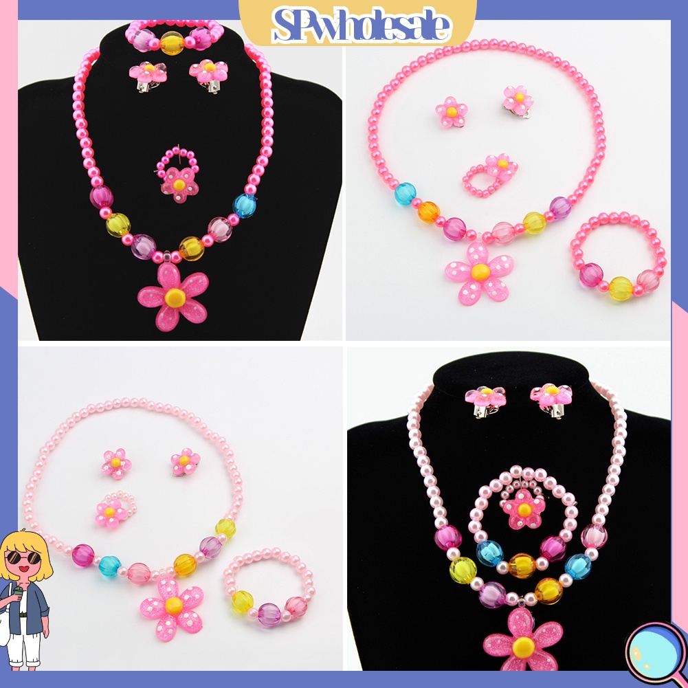 {SPwholesale} Bộ 5 món đồ trang sức phối hạt tròn và mặt hình hoa nhiều màu sắc cho bé gái