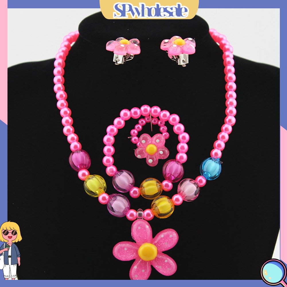 {SPwholesale} Bộ 5 món đồ trang sức phối hạt tròn và mặt hình hoa nhiều màu sắc cho bé gái