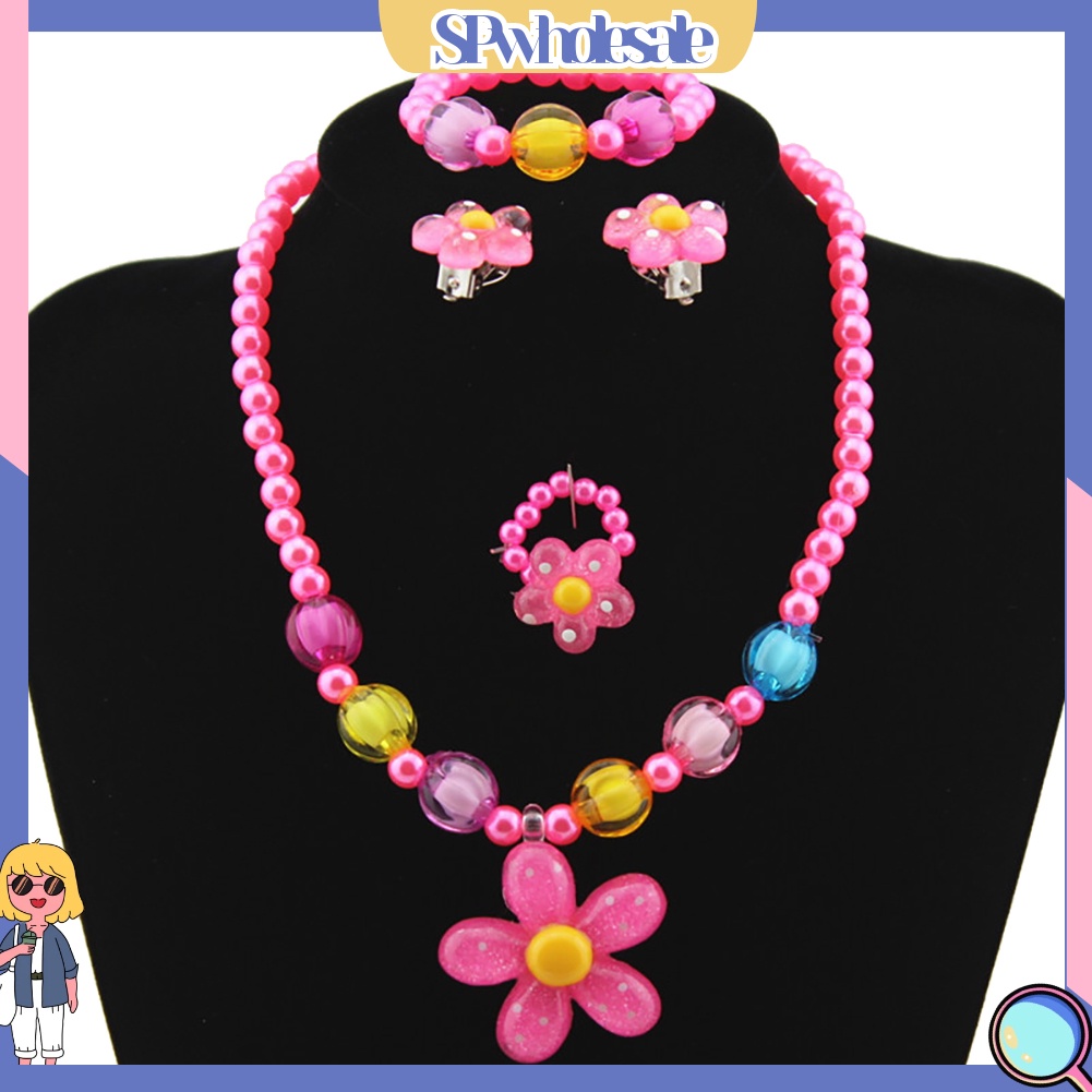{SPwholesale} Bộ 5 món đồ trang sức phối hạt tròn và mặt hình hoa nhiều màu sắc cho bé gái
