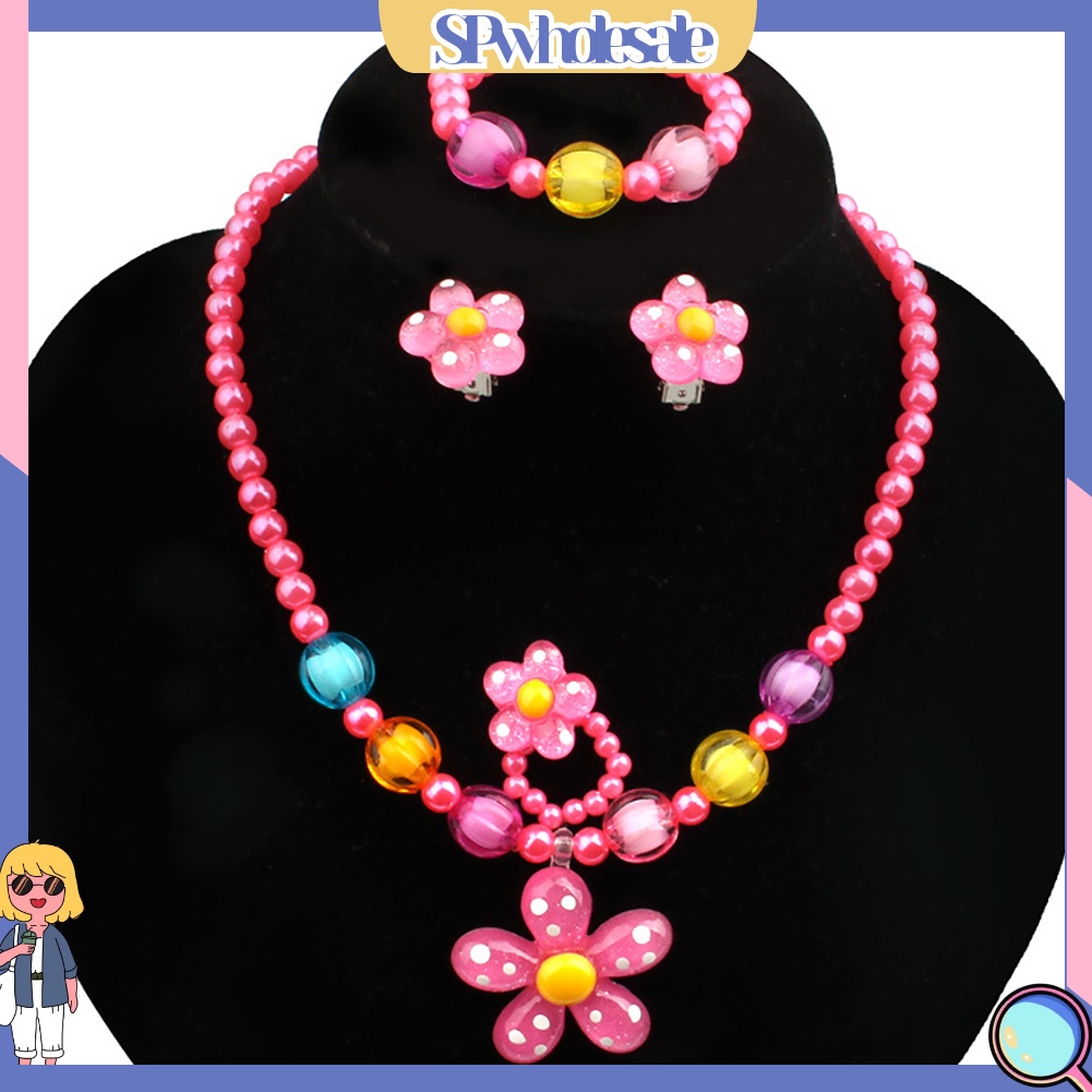 {SPwholesale} Bộ 5 món đồ trang sức phối hạt tròn và mặt hình hoa nhiều màu sắc cho bé gái