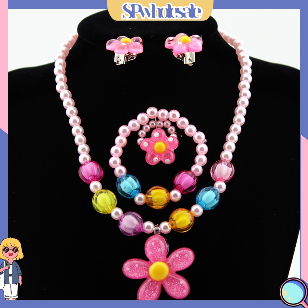 {SPwholesale} Bộ 5 món đồ trang sức phối hạt tròn và mặt hình hoa nhiều màu sắc cho bé gái