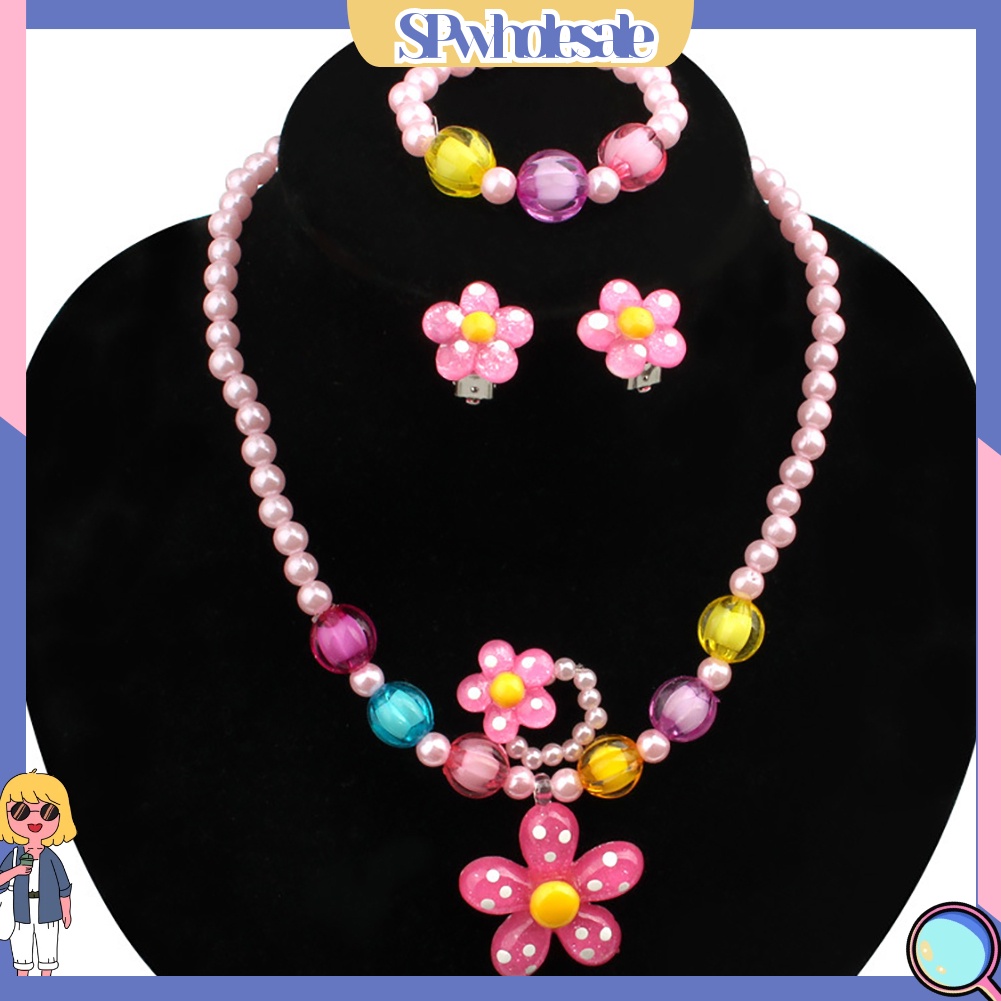 {SPwholesale} Bộ 5 món đồ trang sức phối hạt tròn và mặt hình hoa nhiều màu sắc cho bé gái