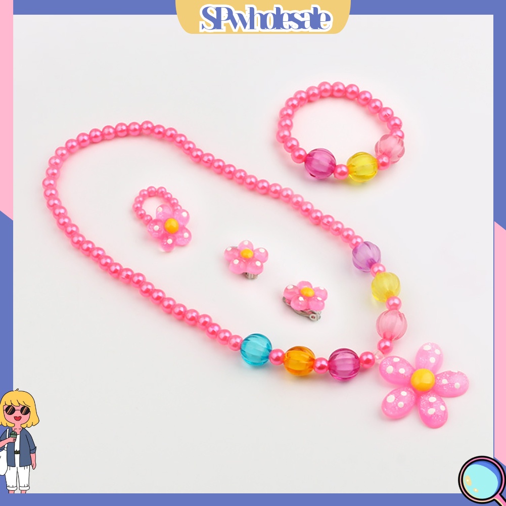 {SPwholesale} Bộ 5 món đồ trang sức phối hạt tròn và mặt hình hoa nhiều màu sắc cho bé gái