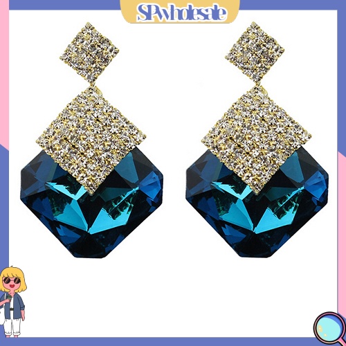 {SPwholesale} Đôi khuyên tai dài hình vuông đính đá thời trang cho nữ