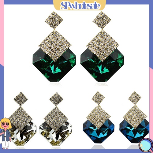 {SPwholesale} Đôi khuyên tai dài hình vuông đính đá thời trang cho nữ