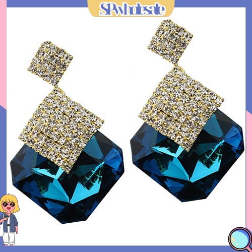{SPwholesale} Đôi khuyên tai dài hình vuông đính đá thời trang cho nữ