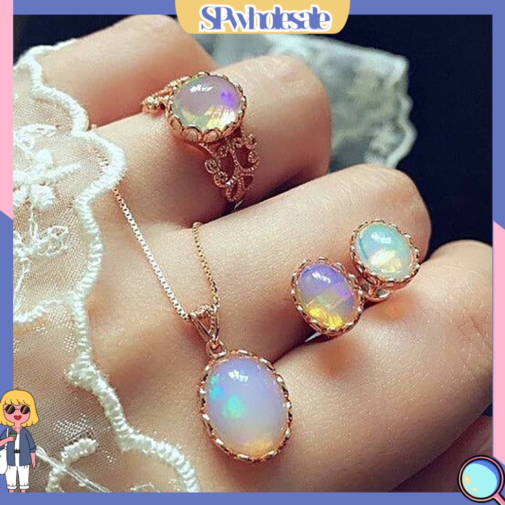 {SPwholesale} Set vòng cổ kèm nhẫn và khuyên tai đính đá oval thanh lịch cho nữ