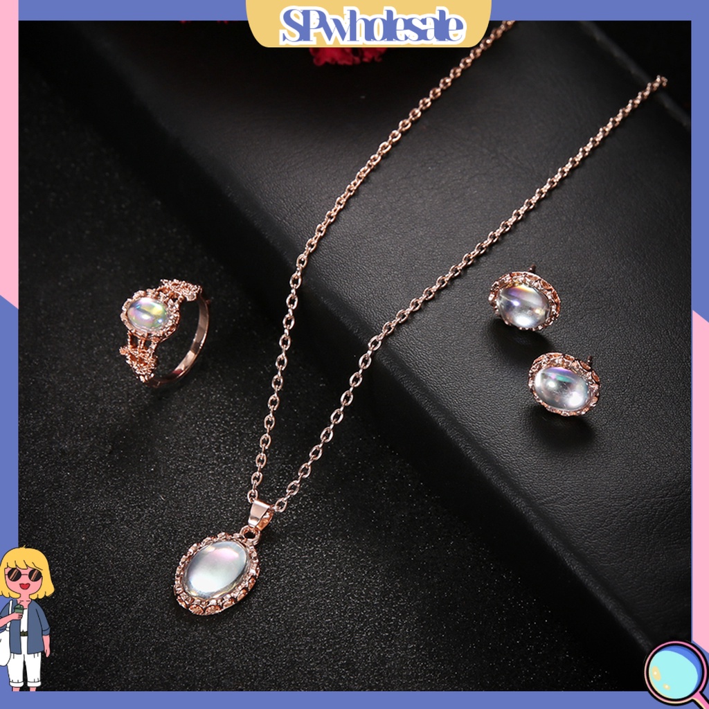 {SPwholesale} Set vòng cổ kèm nhẫn và khuyên tai đính đá oval thanh lịch cho nữ