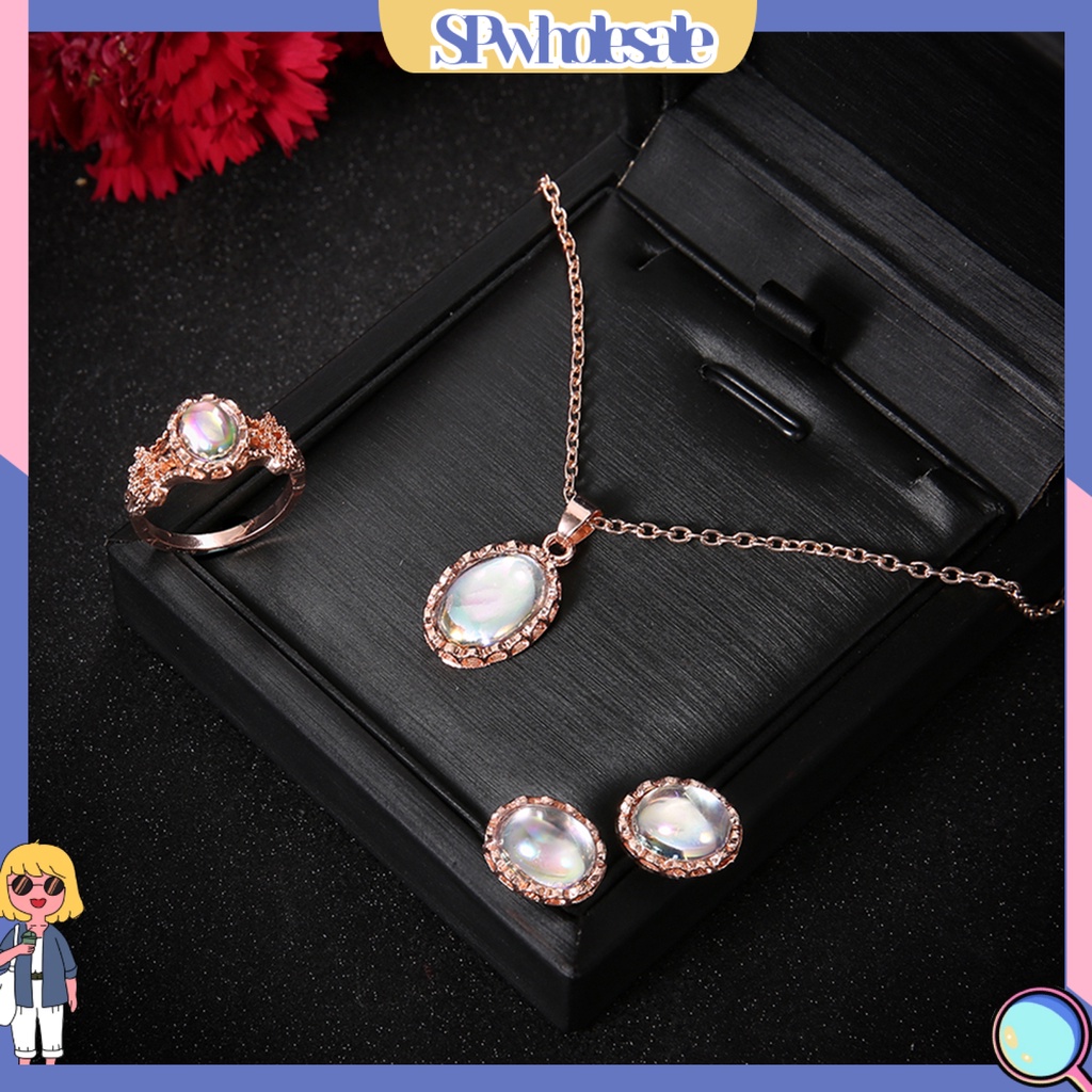 {SPwholesale} Set vòng cổ kèm nhẫn và khuyên tai đính đá oval thanh lịch cho nữ