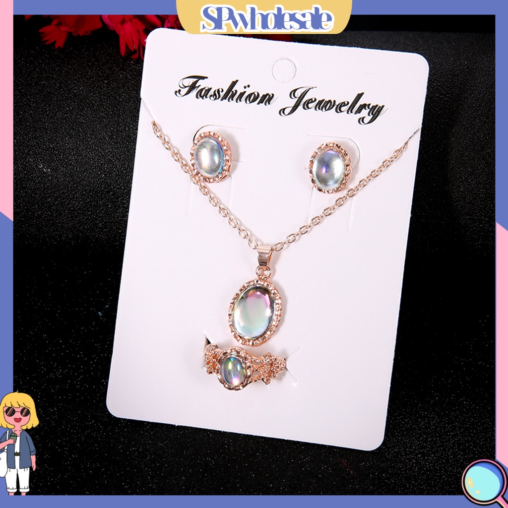 {SPwholesale} Set vòng cổ kèm nhẫn và khuyên tai đính đá oval thanh lịch cho nữ