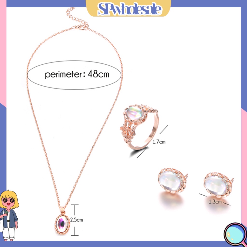 {SPwholesale} Set vòng cổ kèm nhẫn và khuyên tai đính đá oval thanh lịch cho nữ