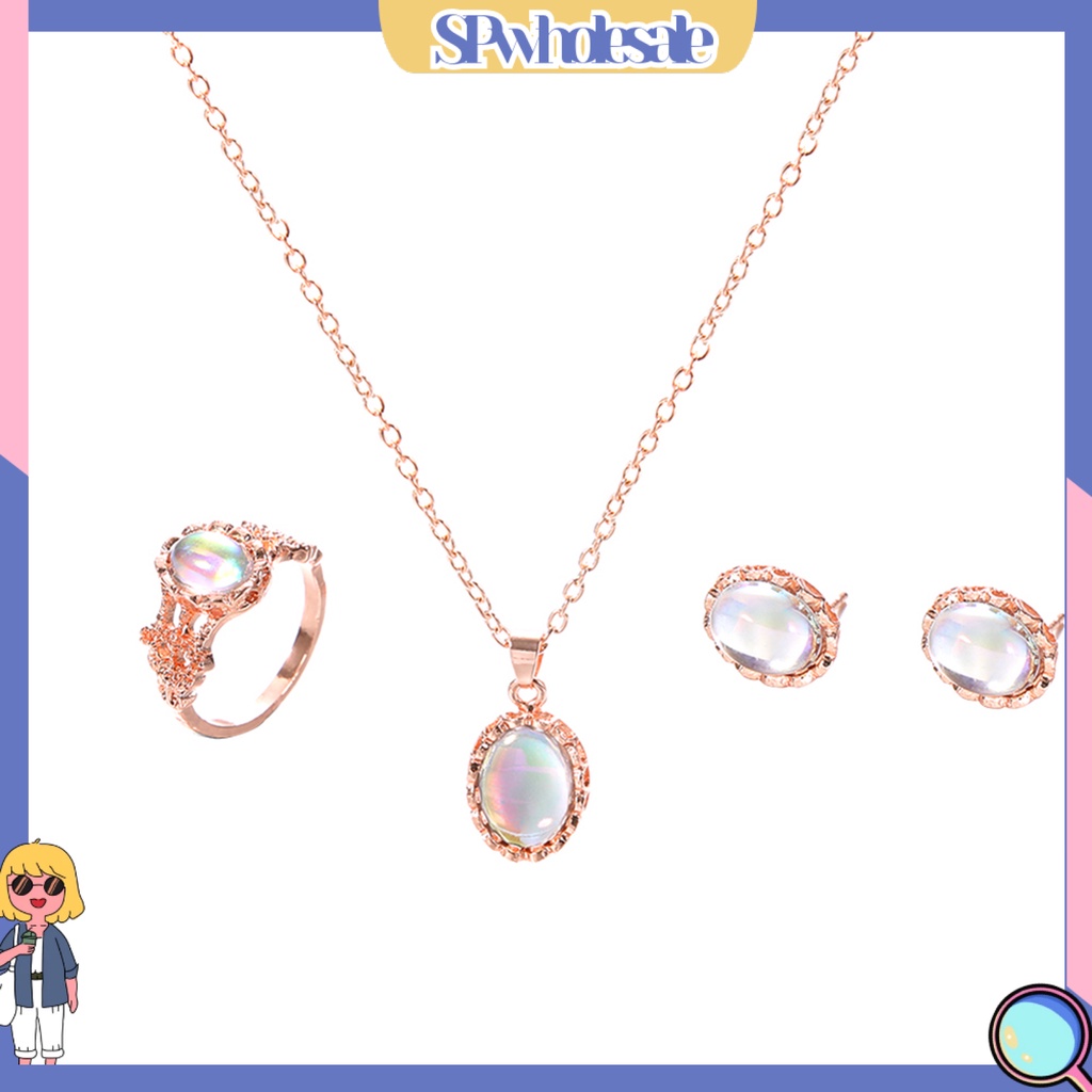 {SPwholesale} Set vòng cổ kèm nhẫn và khuyên tai đính đá oval thanh lịch cho nữ