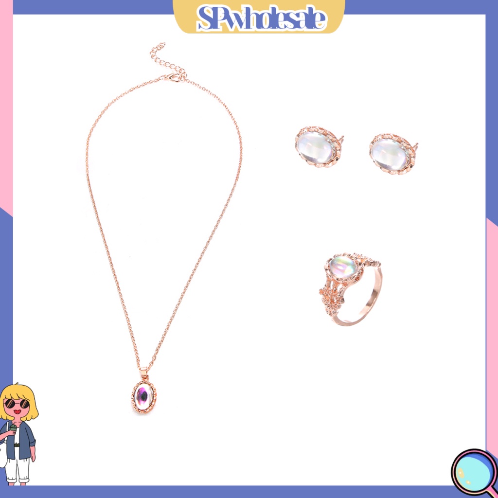 {SPwholesale} Set vòng cổ kèm nhẫn và khuyên tai đính đá oval thanh lịch cho nữ