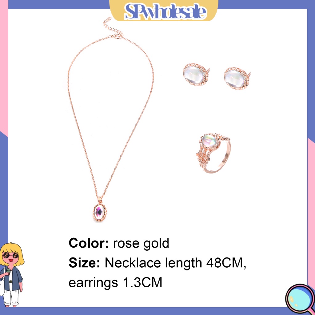 {SPwholesale} Set vòng cổ kèm nhẫn và khuyên tai đính đá oval thanh lịch cho nữ